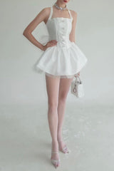 nora off-shoulder Backless lace bow mini dress in white