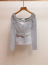 molly Grey Chenille Knit Crystal Trim Top