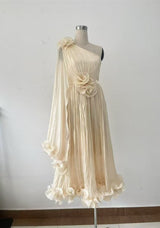 simona one shoulder 3d flower ruffle hem maxi dress in apricot