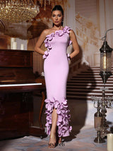 alma 3d flower one-shoulder bodycon maxi dress in purple