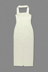 Almond Woven Halter Button Maxi Dress