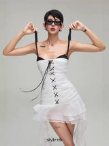 stacey ruffled hem tie mini dress in white