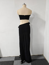 black High Slit Tassels 3d Flowers Strapless Maxi Set