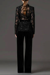 Mesh embroidered beaded jacket & trousers 2-piece set - black