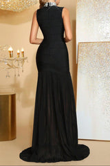amy Mesh stitching diamond high collar bandage maxi dress in blackx