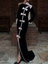 victoria Bow Cascade Velvet Maxi Dress in black