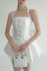 nora off-shoulder Backless lace bow mini dress in white