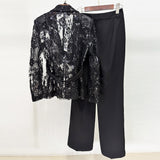 Mesh embroidered beaded jacket & trousers 2-piece set - black