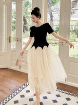 leona black-white Two-Tone rhinestone neck tulle maxi Dress