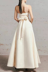 Tulle splicing bow sleeveless maxi dress - ivory