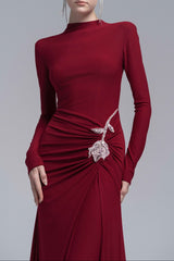 hedwig rose embellished gathered sheath gown in red