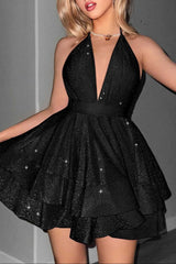 virginia A Line Halter  Tiered mini Dress in black