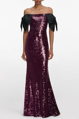 jessie Bow Detail Bardot Sequin Maxi Dress In burgundy