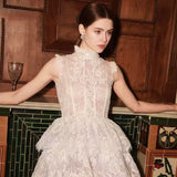 Sleeveless Stand Collar Lace Tutu mini dress in white