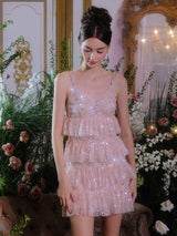 Pink Sleeveless Sequin layer ruffle short Dinner Dress