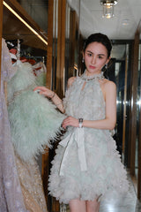 Pastel Green Ribbon Floral wedding guest bridal Dress