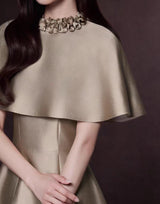 michelle Khaki Cape Satin Midi Dress