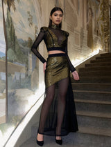 eudora Gold sequin mesh patchwork sheer two-piece set