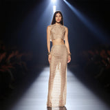 apricot Sheer plaid fishtail maxi skirt two piece of set