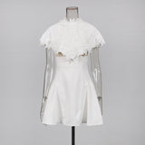 vanessa White mini dress with embroidered lace cape