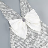 rebecca bow sequin embellished v neck maxi dress in silver