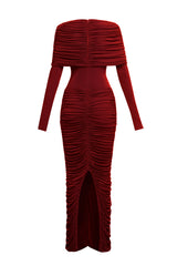 alice red pleated Form-fitting maxi dress with asymmetrical draped shoulder
