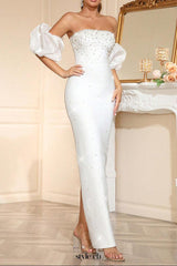 nancy Rhinestone beading strapless maxi dress in white