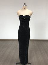 Strapless Rhinestone rose maxi dress in black
