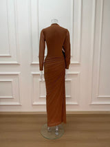 liz High Neck Asymmetric Drape ruched Maxi Dress in brown