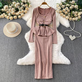 kitty U Neck Long Sleeve Falbala Knit Midi Dress in pink