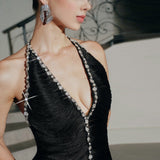 sherry halter rhinestone bandage tassel midi dress in black