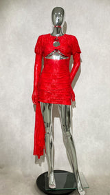 Dariel Floral Jacquard Cutout Draped Mini Dress - Red