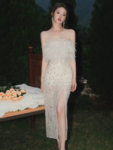 Masa White Haute Couture Feather Sequin Dress