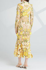 CAROL YELLOW FLORAL EMBROIDERY MESH LONG SLEEVE MIDI DRESS