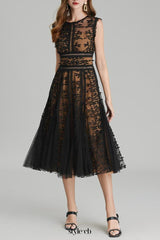 phoenix 3d Embroidered lace mesh midi dress in black