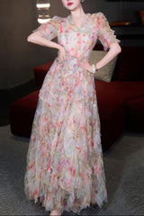 jodie v neck multicolor ruffle trim tulle maxi dress