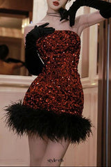 quintina Sequin Feather Strapless mini Dress in red