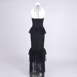 Lace Tiered flower Strapless Maxi Dress in black