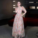 jodie v neck multicolor ruffle trim tulle maxi dress