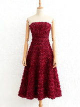 mona 3D Rose Petal Strapless Mesh Maxi Dress in wine red