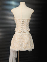 white Herringbone tube top floral ruffle mini dress suit