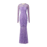 penny lace  hollow ruched bodycon long sleeve maxi dress in purple