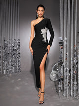 elsa one shoulder rhinestone appliqué bandage midi dress in black