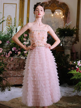 Pink Princess layer ruffle midi floral Embroidery strapless Dress