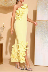 alma 3d flower one-shoulder bodycon maxi dress in yellow
