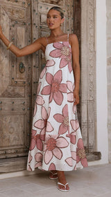 penelope Botanic Pink Print Eyelet Maxi Dress