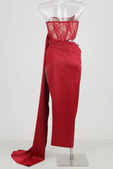 CORSET SATIN PLEATED MAXI DRESS IN RED