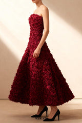mona 3D Rose Petal Strapless Mesh Maxi Dress in wine red