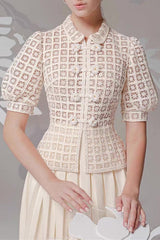 double breasted lantern sleeve lace top pleated skirt set in apricot