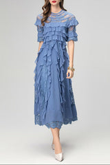 lorraine lace ruffle trim midi dress in blue